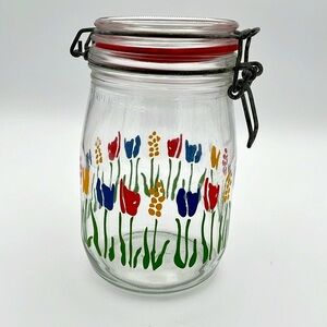 Arc France 1L Tulip Design Vintage Glass Canning Jar with seals.